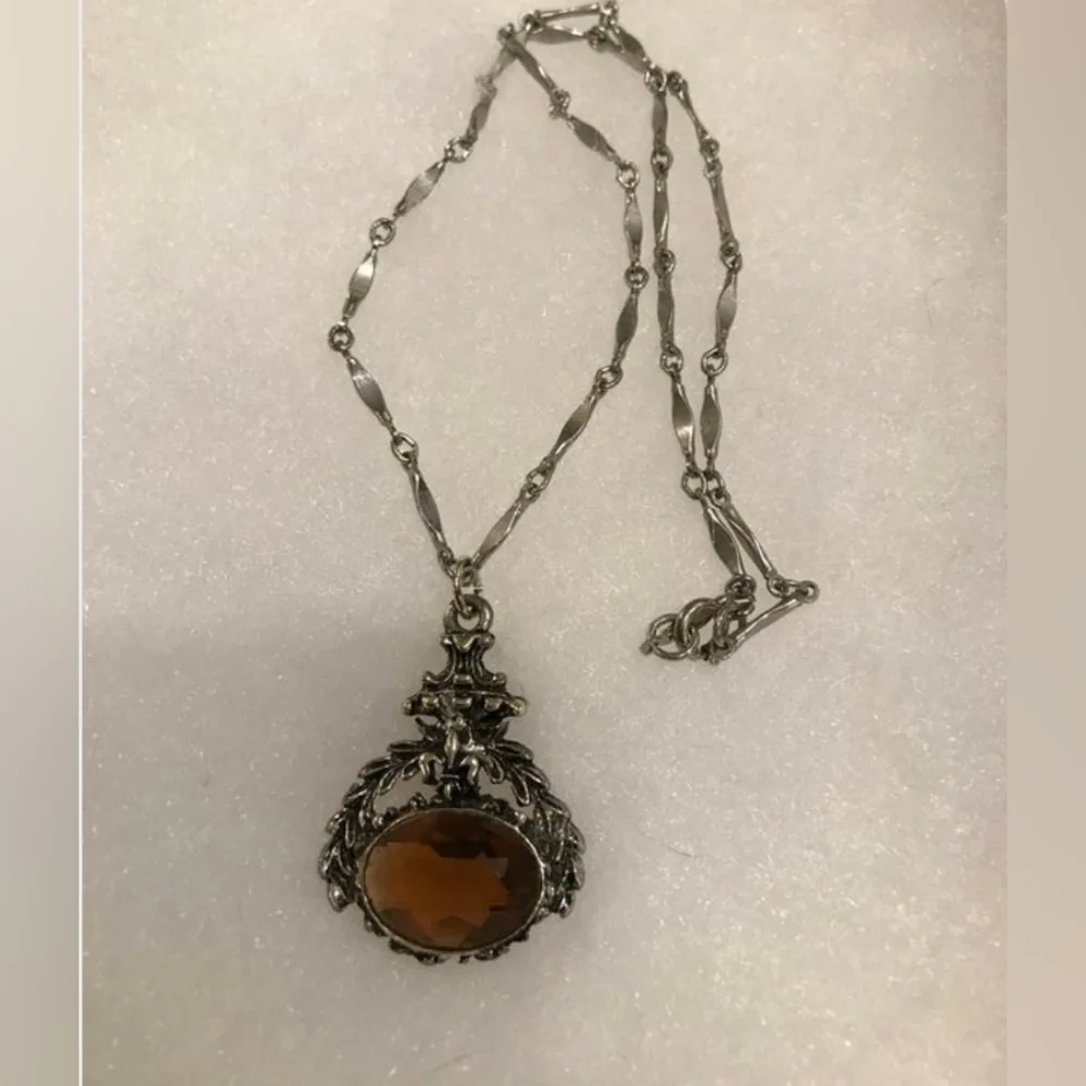 Vintage Gothic Like Necklace with Amber "Stone", Silver Toned Chain - Picture 5 of 6